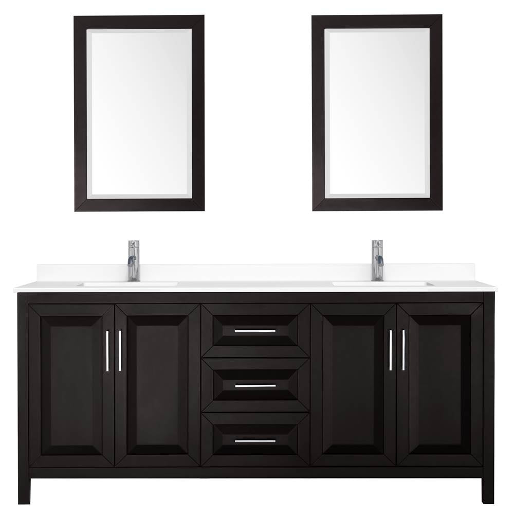 Daria 80 Inch Double Bathroom Vanity in Dark Espresso, White Cultured Marble Countertop, Undermount Square Sinks, 24 Inch Mirrors