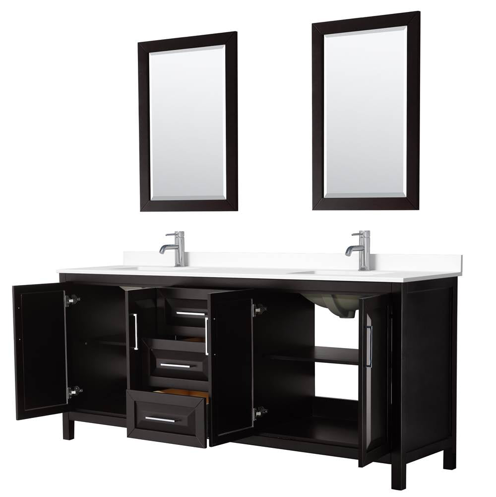 Daria 80 Inch Double Bathroom Vanity in Dark Espresso, White Cultured Marble Countertop, Undermount Square Sinks, 24 Inch Mirrors