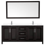 Daria 80 Inch Double Bathroom Vanity in Dark Espresso, White Cultured Marble Countertop, Undermount Square Sinks, 70 Inch Mirror