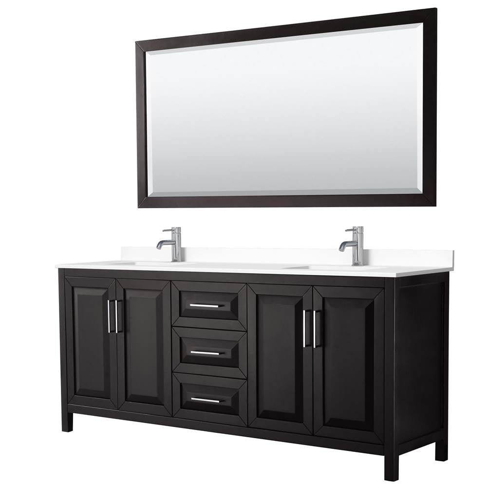 Wyndham Collection - Daria 80 Inch Double Bathroom Vanity in Dark Espresso, White Cultured Marble Countertop, Undermount Square Sinks, 70 Inch Mirror