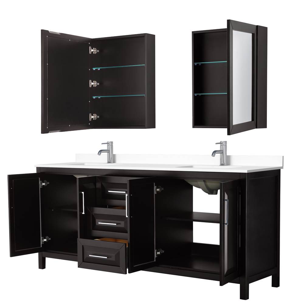 Daria 80 Inch Double Bathroom Vanity in Dark Espresso, White Cultured Marble Countertop, Undermount Square Sinks, Medicine Cabinets
