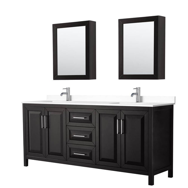 Wyndham Collection - Daria 80 Inch Double Bathroom Vanity in Dark Espresso, White Cultured Marble Countertop, Undermount Square Sinks, Medicine Cabinets