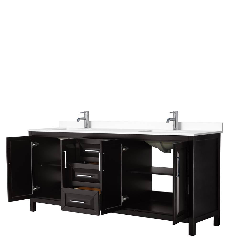 Daria 80 Inch Double Bathroom Vanity in Dark Espresso, White Cultured Marble Countertop, Undermount Square Sinks, No Mirror