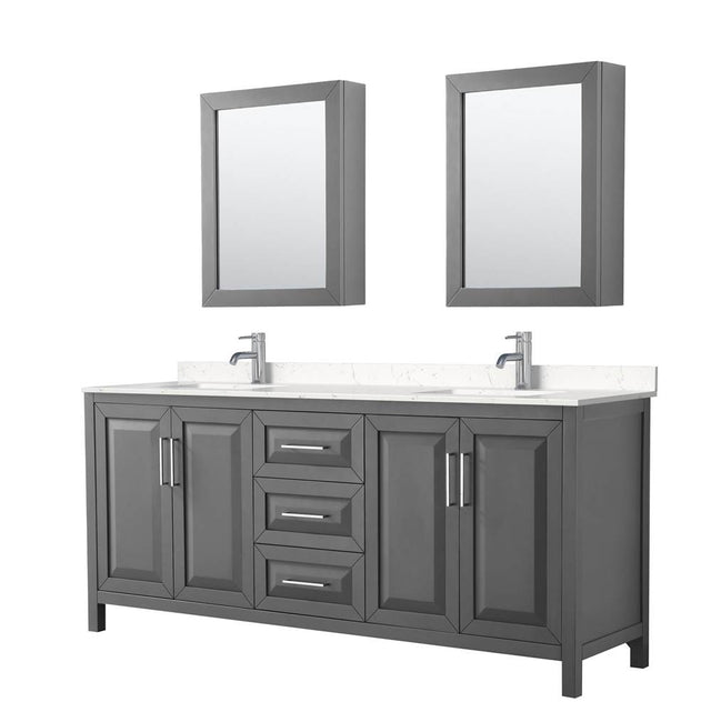 Wyndham Collection - Daria 80 Inch Double Bathroom Vanity in Dark Gray, Carrara Cultured Marble Countertop, Undermount Square Sinks, Medicine Cabinets