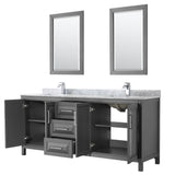 Daria 80 Inch Double Bathroom Vanity in Dark Blue, White Carrara Marble Countertop, Undermount Square Sinks, 24 Inch Mirrors