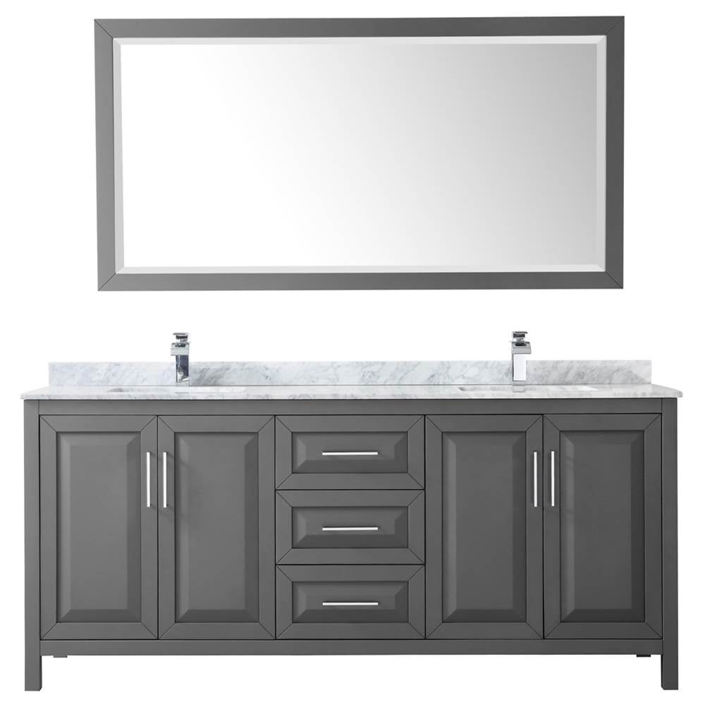Daria 80 Inch Double Bathroom Vanity in Dark Blue, White Carrara Marble Countertop, Undermount Square Sinks, 70 Inch Mirror