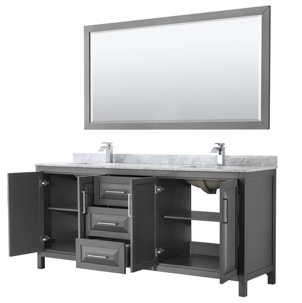 Daria 80 Inch Double Bathroom Vanity in Dark Blue, White Carrara Marble Countertop, Undermount Square Sinks, 70 Inch Mirror