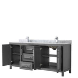 Daria 80 Inch Double Bathroom Vanity in Dark Blue, White Carrara Marble Countertop, Undermount Square Sinks, No Mirror