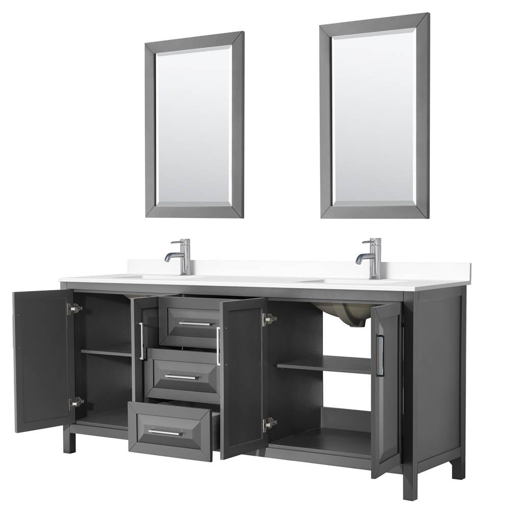 Daria 80 Inch Double Bathroom Vanity in Dark Gray, White Cultured Marble Countertop, Undermount Square Sinks, 24 Inch Mirrors
