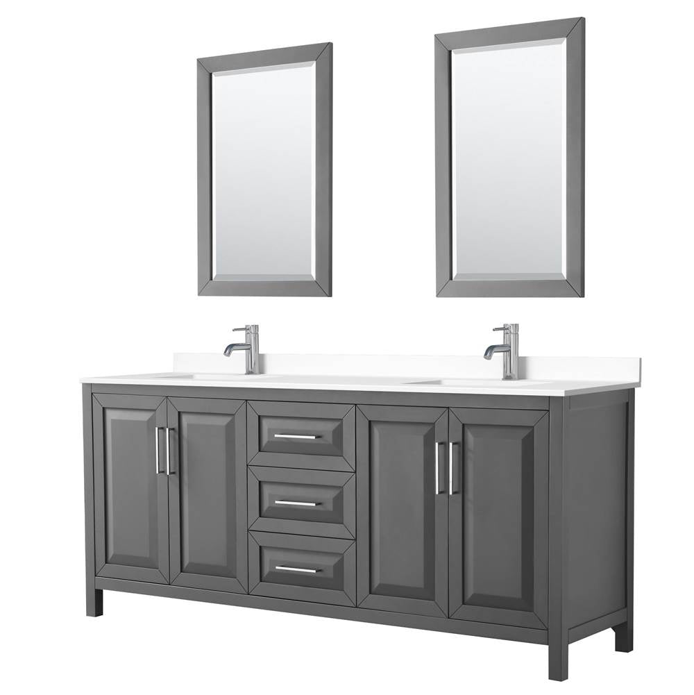 Wyndham Collection - Daria 80 Inch Double Bathroom Vanity in Dark Gray, White Cultured Marble Countertop, Undermount Square Sinks, 24 Inch Mirrors