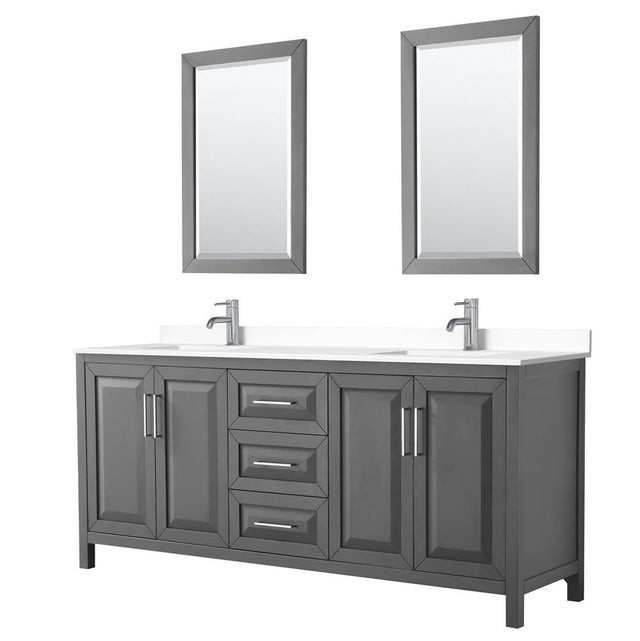 Wyndham Collection - Daria 80 Inch Double Bathroom Vanity in Dark Gray, White Cultured Marble Countertop, Undermount Square Sinks, 24 Inch Mirrors