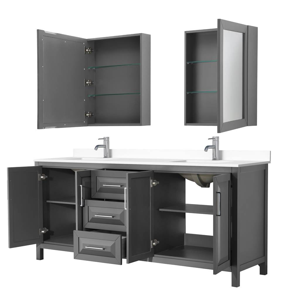 Daria 80 Inch Double Bathroom Vanity in Dark Gray, White Cultured Marble Countertop, Undermount Square Sinks, Medicine Cabinets