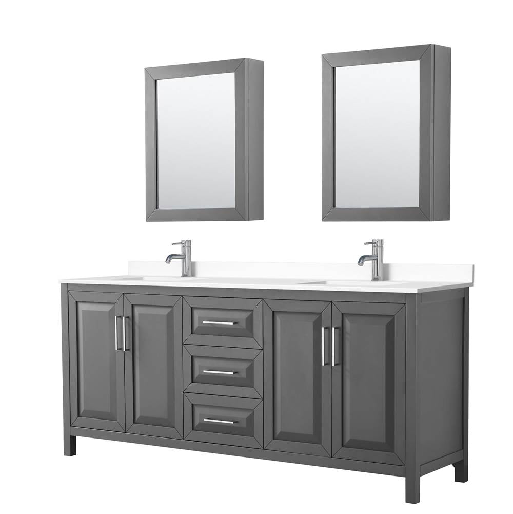 Wyndham Collection - Daria 80 Inch Double Bathroom Vanity in Dark Gray, White Cultured Marble Countertop, Undermount Square Sinks, Medicine Cabinets