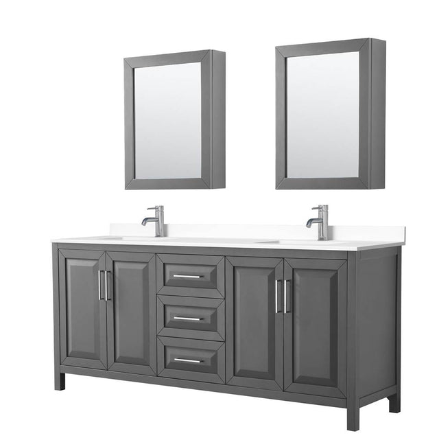 Wyndham Collection - Daria 80 Inch Double Bathroom Vanity in Dark Gray, White Cultured Marble Countertop, Undermount Square Sinks, Medicine Cabinets