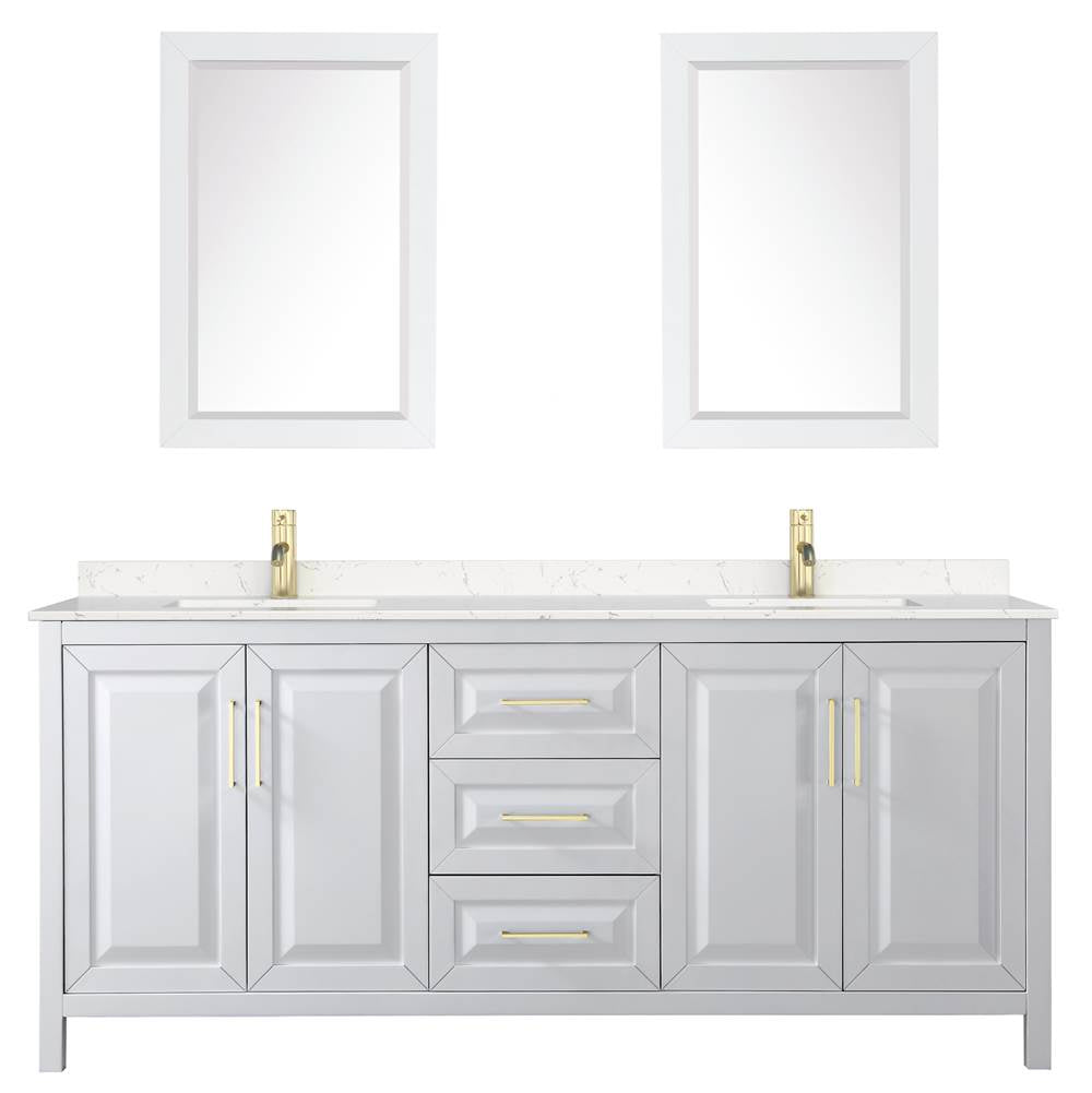 Daria 80 Inch Double Bathroom Vanity in White, Carrara Cultured Marble Countertop, Undermount Square Sinks, 24 Inch Mirrors, Brushed Gold Trim