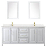 Daria 80 Inch Double Bathroom Vanity in White, Carrara Cultured Marble Countertop, Undermount Square Sinks, 24 Inch Mirrors, Brushed Gold Trim