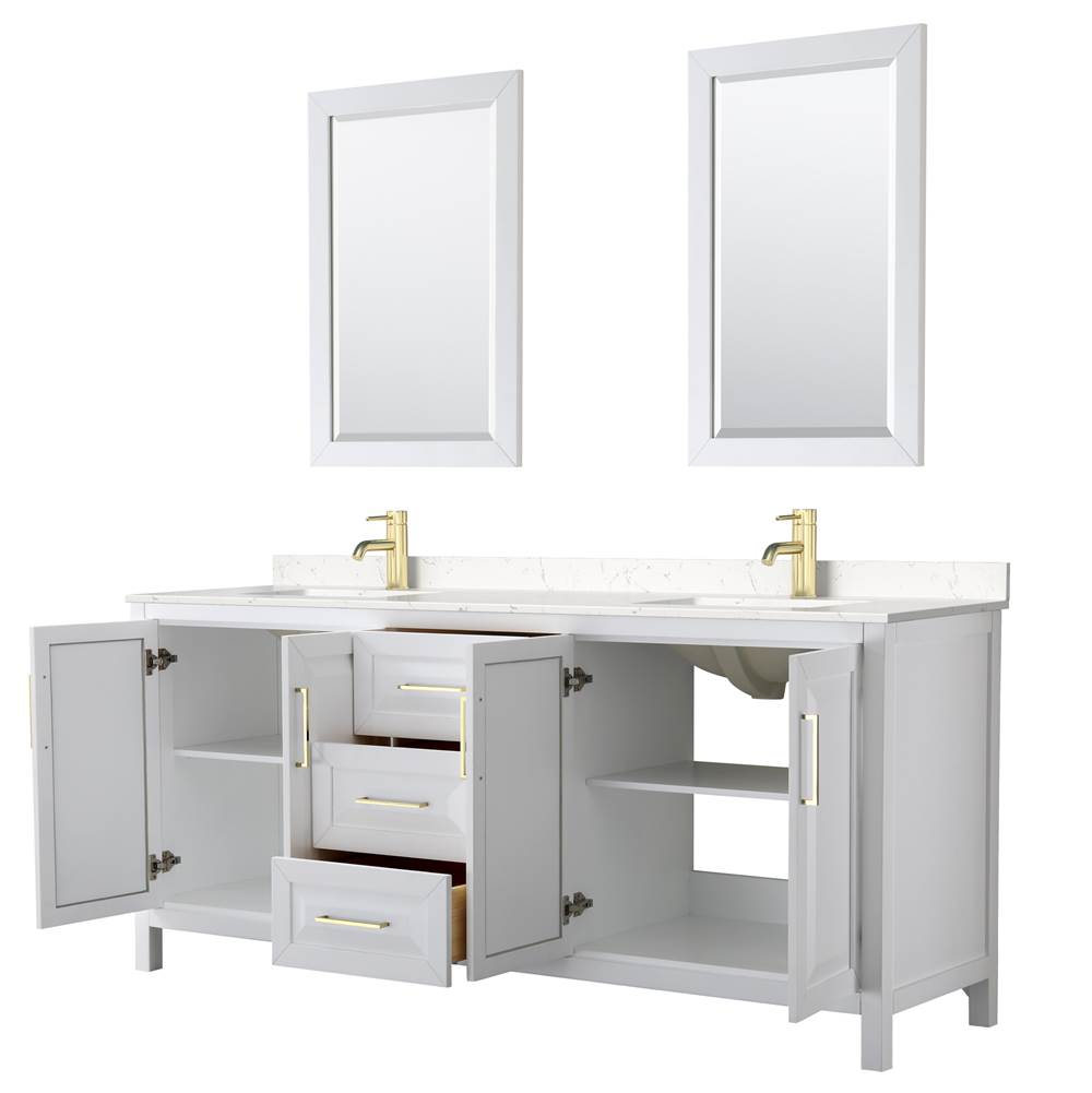 Daria 80 Inch Double Bathroom Vanity in White, Carrara Cultured Marble Countertop, Undermount Square Sinks, 24 Inch Mirrors, Brushed Gold Trim