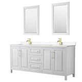 Wyndham Collection - Daria 80 Inch Double Bathroom Vanity in White, Carrara Cultured Marble Countertop, Undermount Square Sinks, 24 Inch Mirrors, Brushed Gold Trim