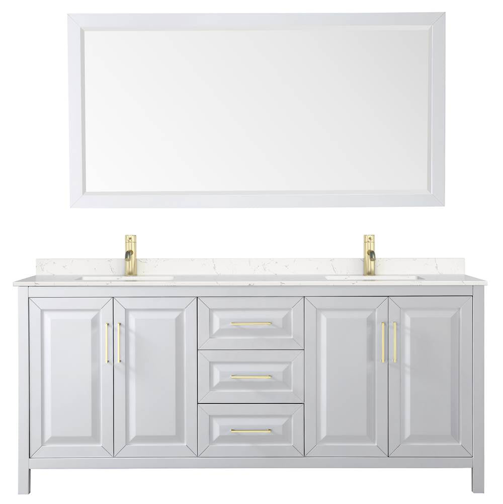 Daria 80 Inch Double Bathroom Vanity in White, Carrara Cultured Marble Countertop, Undermount Square Sinks, 70 Inch Mirror, Brushed Gold Trim