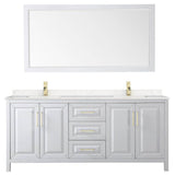 Daria 80 Inch Double Bathroom Vanity in White, Carrara Cultured Marble Countertop, Undermount Square Sinks, 70 Inch Mirror, Brushed Gold Trim