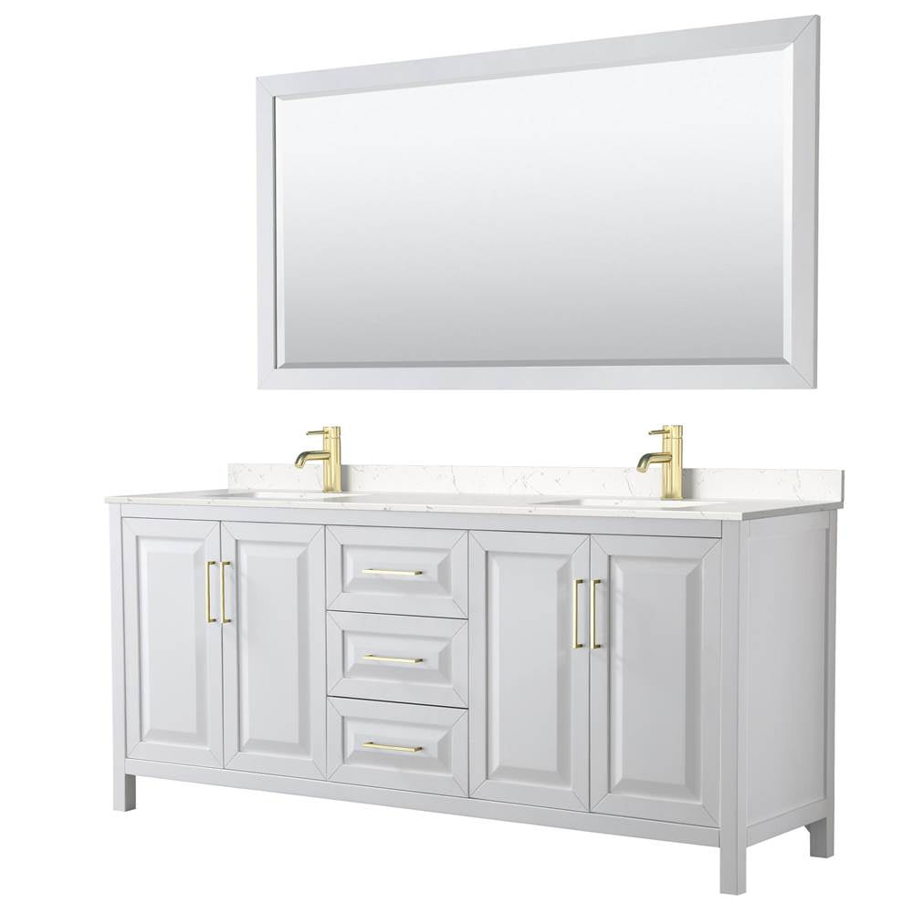 Wyndham Collection - Daria 80 Inch Double Bathroom Vanity in White, Carrara Cultured Marble Countertop, Undermount Square Sinks, 70 Inch Mirror, Brushed Gold Trim