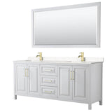 Wyndham Collection - Daria 80 Inch Double Bathroom Vanity in White, Carrara Cultured Marble Countertop, Undermount Square Sinks, 70 Inch Mirror, Brushed Gold Trim