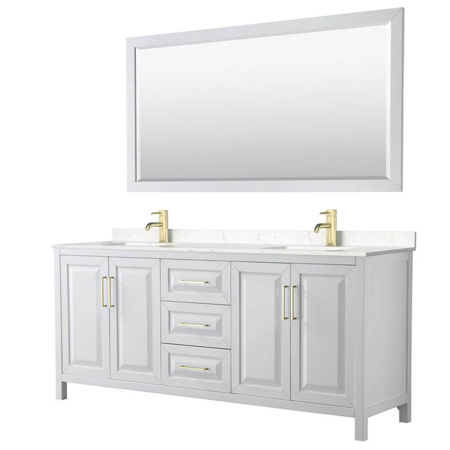 Wyndham Collection - Daria 80 Inch Double Bathroom Vanity in White, Carrara Cultured Marble Countertop, Undermount Square Sinks, 70 Inch Mirror, Brushed Gold Trim