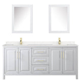 Daria 80 Inch Double Bathroom Vanity in White, Carrara Cultured Marble Countertop, Undermount Square Sinks, Medicine Cabinets, Brushed Gold Trim