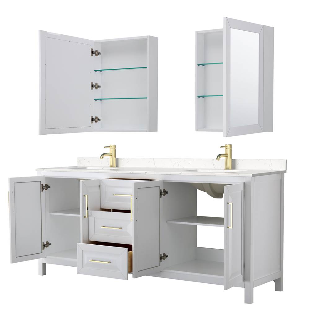 Daria 80 Inch Double Bathroom Vanity in White, Carrara Cultured Marble Countertop, Undermount Square Sinks, Medicine Cabinets, Brushed Gold Trim