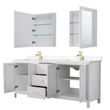 Daria 80 Inch Double Bathroom Vanity in White, Carrara Cultured Marble Countertop, Undermount Square Sinks, Medicine Cabinets, Brushed Gold Trim