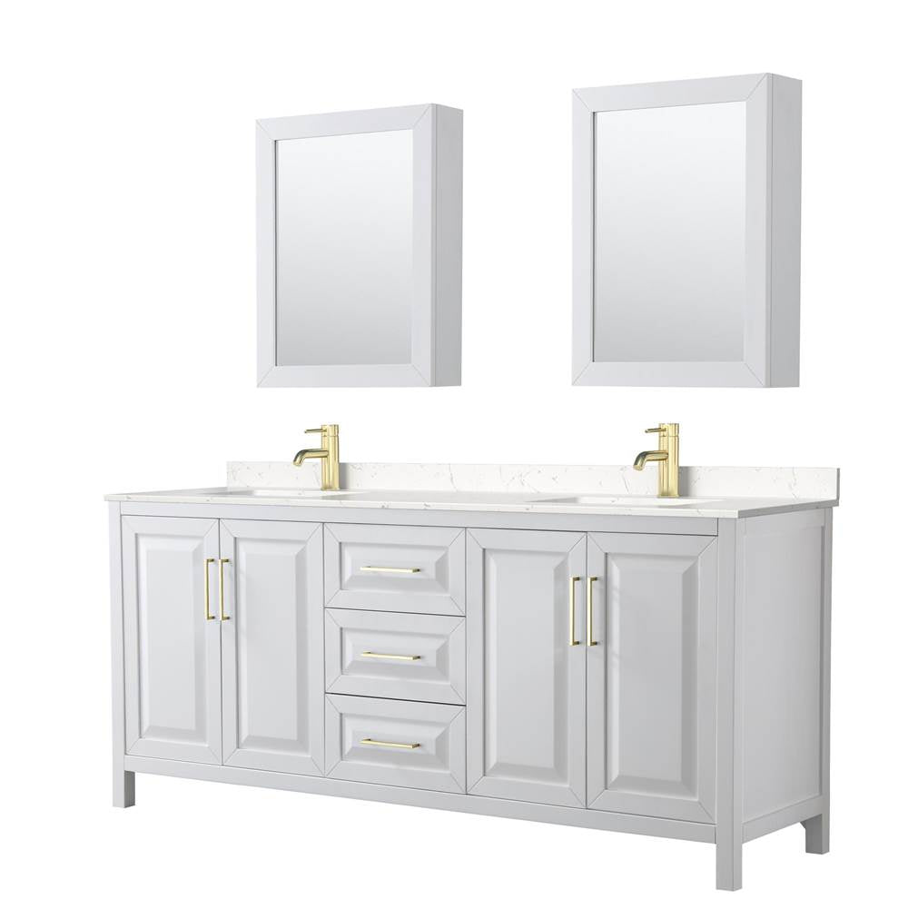 Wyndham Collection - Daria 80 Inch Double Bathroom Vanity in White, Carrara Cultured Marble Countertop, Undermount Square Sinks, Medicine Cabinets, Brushed Gold Trim