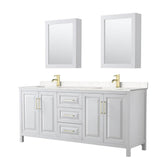 Wyndham Collection - Daria 80 Inch Double Bathroom Vanity in White, Carrara Cultured Marble Countertop, Undermount Square Sinks, Medicine Cabinets, Brushed Gold Trim