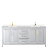 Daria 80 Inch Double Bathroom Vanity in White, Carrara Cultured Marble Countertop, Undermount Square Sinks, Brushed Gold Trim