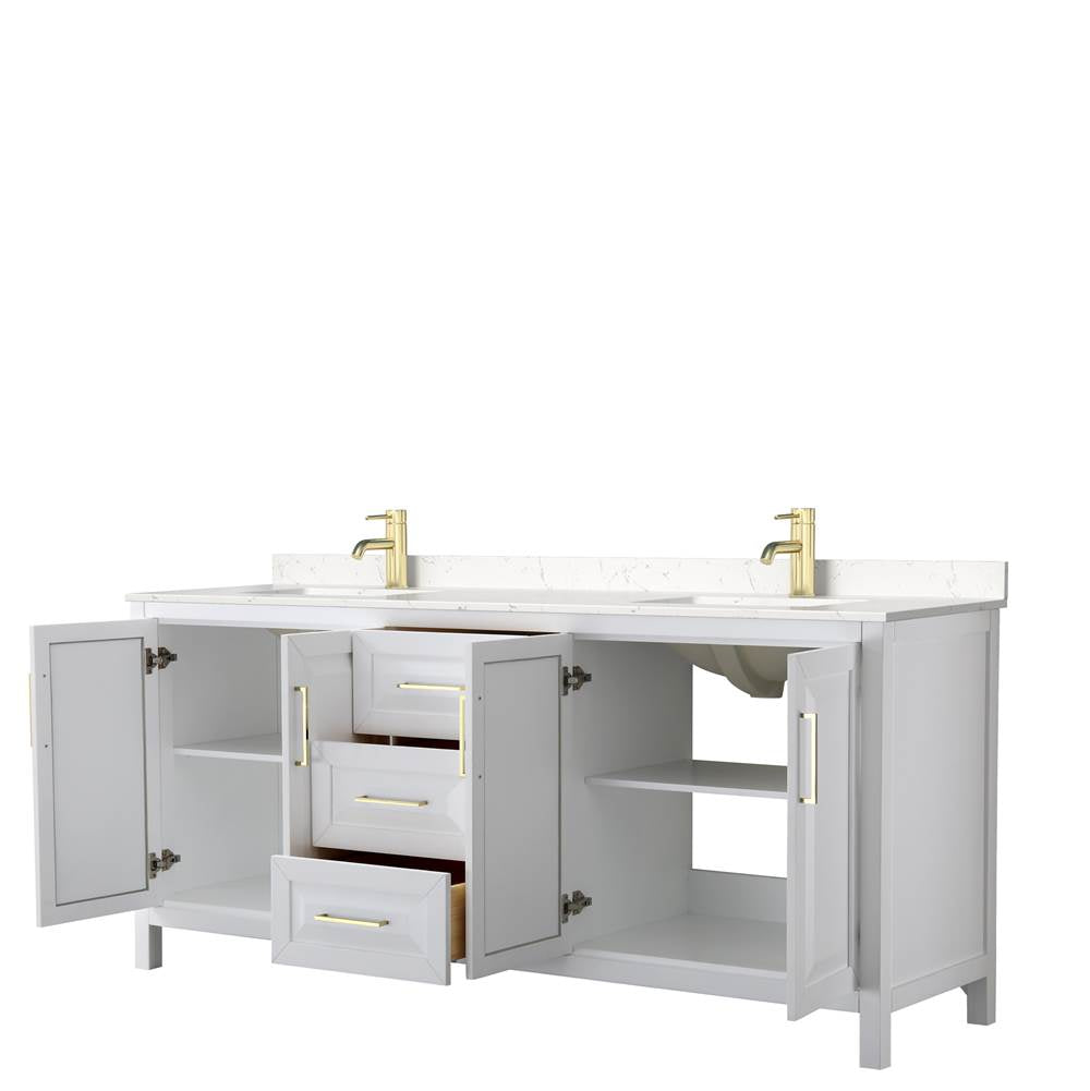 Daria 80 Inch Double Bathroom Vanity in White, Carrara Cultured Marble Countertop, Undermount Square Sinks, Brushed Gold Trim