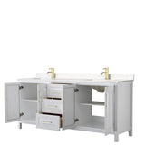Daria 80 Inch Double Bathroom Vanity in White, Carrara Cultured Marble Countertop, Undermount Square Sinks, Brushed Gold Trim