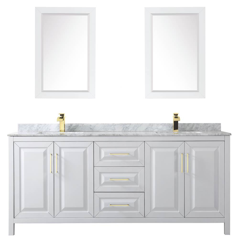 Daria 80 Inch Double Bathroom Vanity in White, White Carrara Marble Countertop, Undermount Square Sinks, 24 Inch Mirrors, Brushed Gold Trim