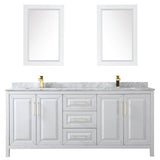 Daria 80 Inch Double Bathroom Vanity in White, White Carrara Marble Countertop, Undermount Square Sinks, 24 Inch Mirrors, Brushed Gold Trim