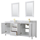 Daria 80 Inch Double Bathroom Vanity in White, White Carrara Marble Countertop, Undermount Square Sinks, 24 Inch Mirrors, Brushed Gold Trim