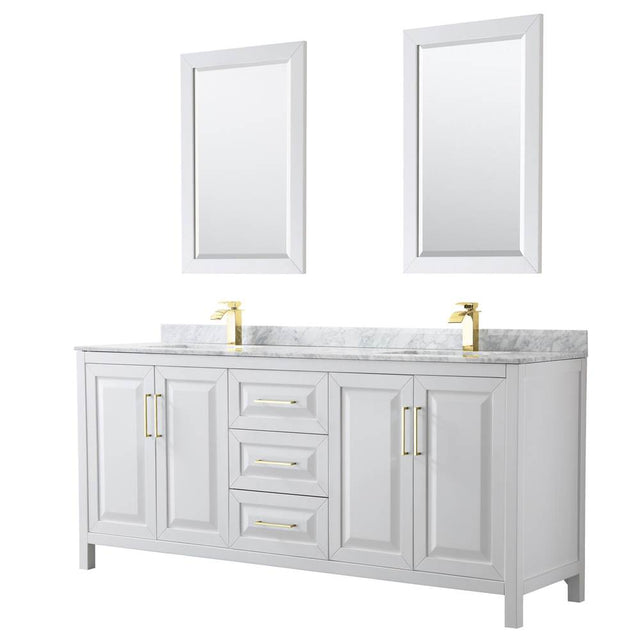 Wyndham Collection - Daria 80 Inch Double Bathroom Vanity in White, White Carrara Marble Countertop, Undermount Square Sinks, 24 Inch Mirrors, Brushed Gold Trim