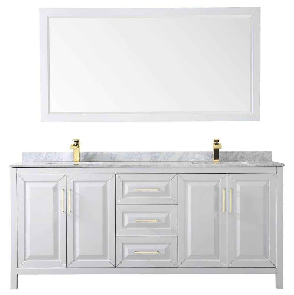Daria 80 Inch Double Bathroom Vanity in White, White Carrara Marble Countertop, Undermount Square Sinks, 70 Inch Mirror, Brushed Gold Trim