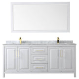 Daria 80 Inch Double Bathroom Vanity in White, White Carrara Marble Countertop, Undermount Square Sinks, 70 Inch Mirror, Brushed Gold Trim