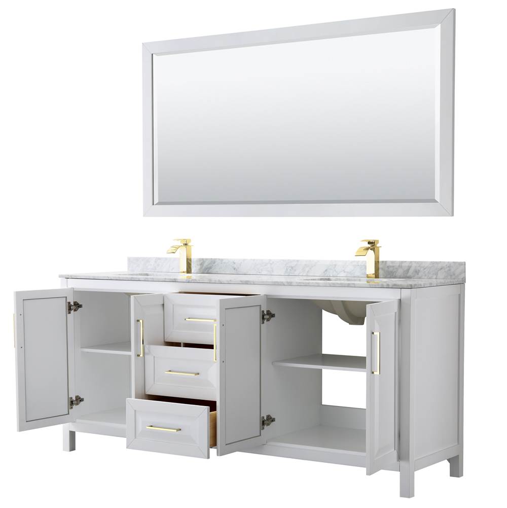 Daria 80 Inch Double Bathroom Vanity in White, White Carrara Marble Countertop, Undermount Square Sinks, 70 Inch Mirror, Brushed Gold Trim