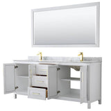 Daria 80 Inch Double Bathroom Vanity in White, White Carrara Marble Countertop, Undermount Square Sinks, 70 Inch Mirror, Brushed Gold Trim