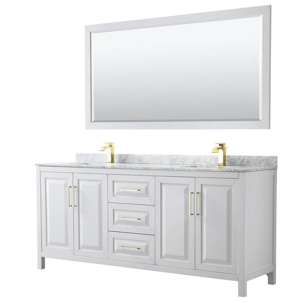 Wyndham Collection - Daria 80 Inch Double Bathroom Vanity in White, White Carrara Marble Countertop, Undermount Square Sinks, 70 Inch Mirror, Brushed Gold Trim
