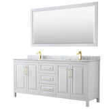 Wyndham Collection - Daria 80 Inch Double Bathroom Vanity in White, White Carrara Marble Countertop, Undermount Square Sinks, 70 Inch Mirror, Brushed Gold Trim