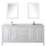 Daria 80 Inch Double Bathroom Vanity in White, White Carrara Marble Countertop, Undermount Square Sinks, Medicine Cabinets, Brushed Gold Trim