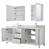 Daria 80 Inch Double Bathroom Vanity in White, White Carrara Marble Countertop, Undermount Square Sinks, Medicine Cabinets, Brushed Gold Trim