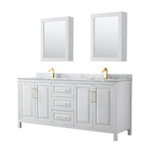 Wyndham Collection - Daria 80 Inch Double Bathroom Vanity in White, White Carrara Marble Countertop, Undermount Square Sinks, Medicine Cabinets, Brushed Gold Trim