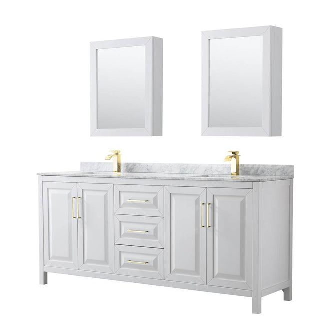 Wyndham Collection - Daria 80 Inch Double Bathroom Vanity in White, White Carrara Marble Countertop, Undermount Square Sinks, Medicine Cabinets, Brushed Gold Trim