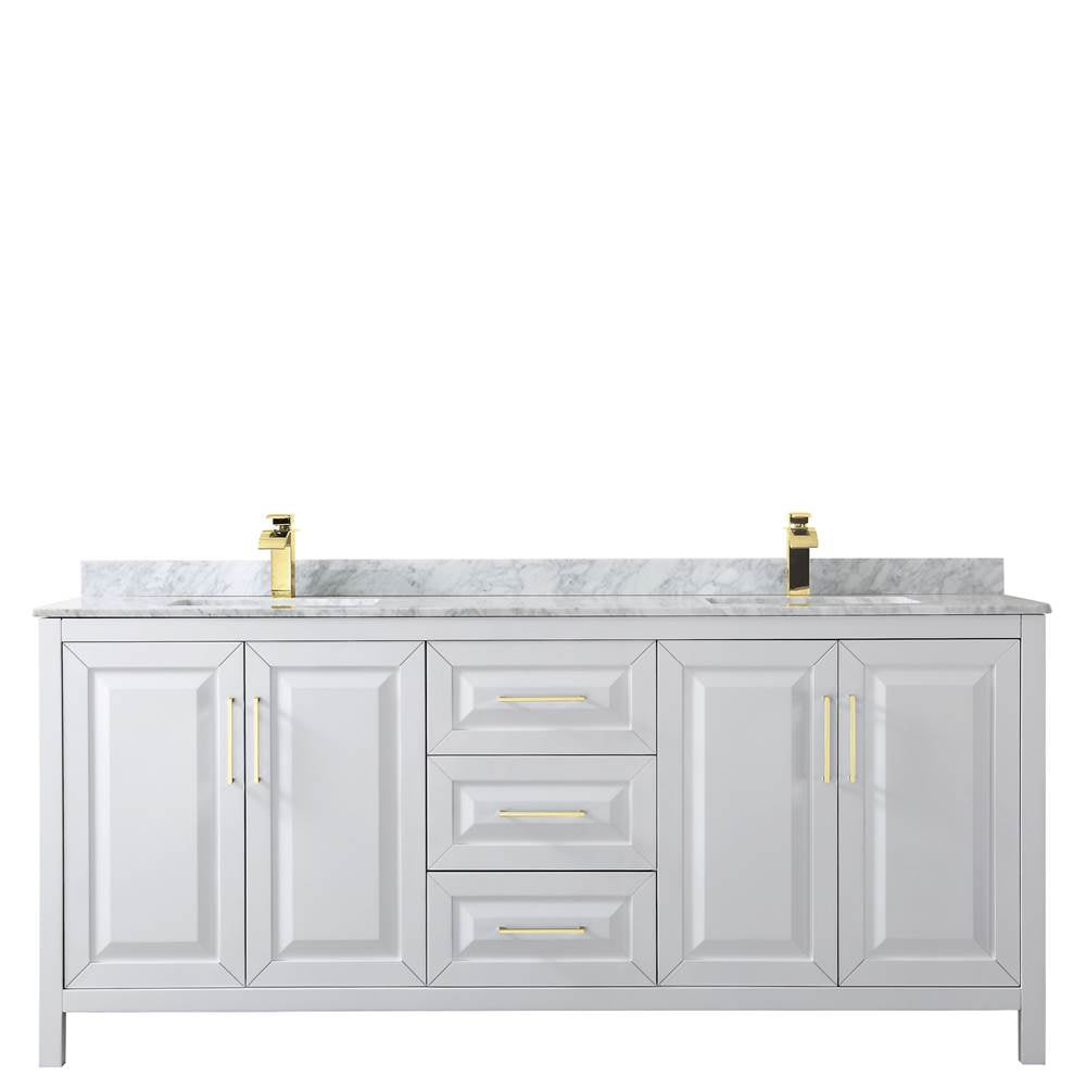 Daria 80 Inch Double Bathroom Vanity in White, White Carrara Marble Countertop, Undermount Square Sinks, Brushed Gold Trim